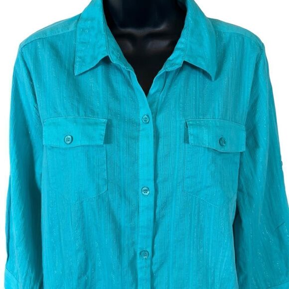 SagHarbor Turquoise Metallic Striped Button Down Shirt - Picture 2 of 12